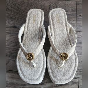 Michael Kors Cream Logo Canvas Thong Sandals with Gold MK Emblems Wedge Platform